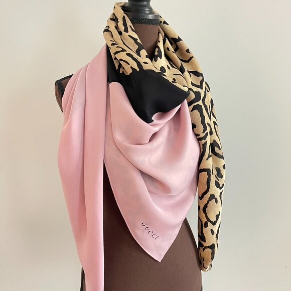New Gucci Oversize Shawl Animal Print Pink Silk Wrap Scarf - Picture 10 of 16